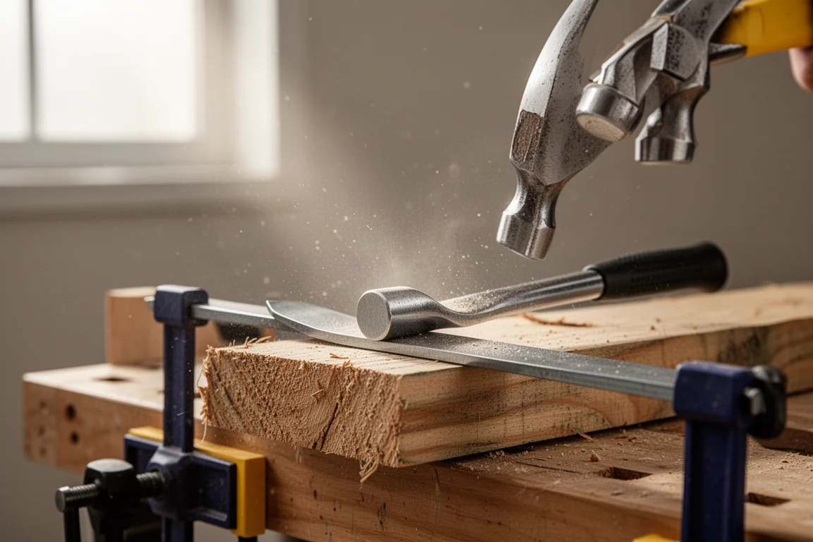Hammer striking the capped end of a pry bar wedged behind a board