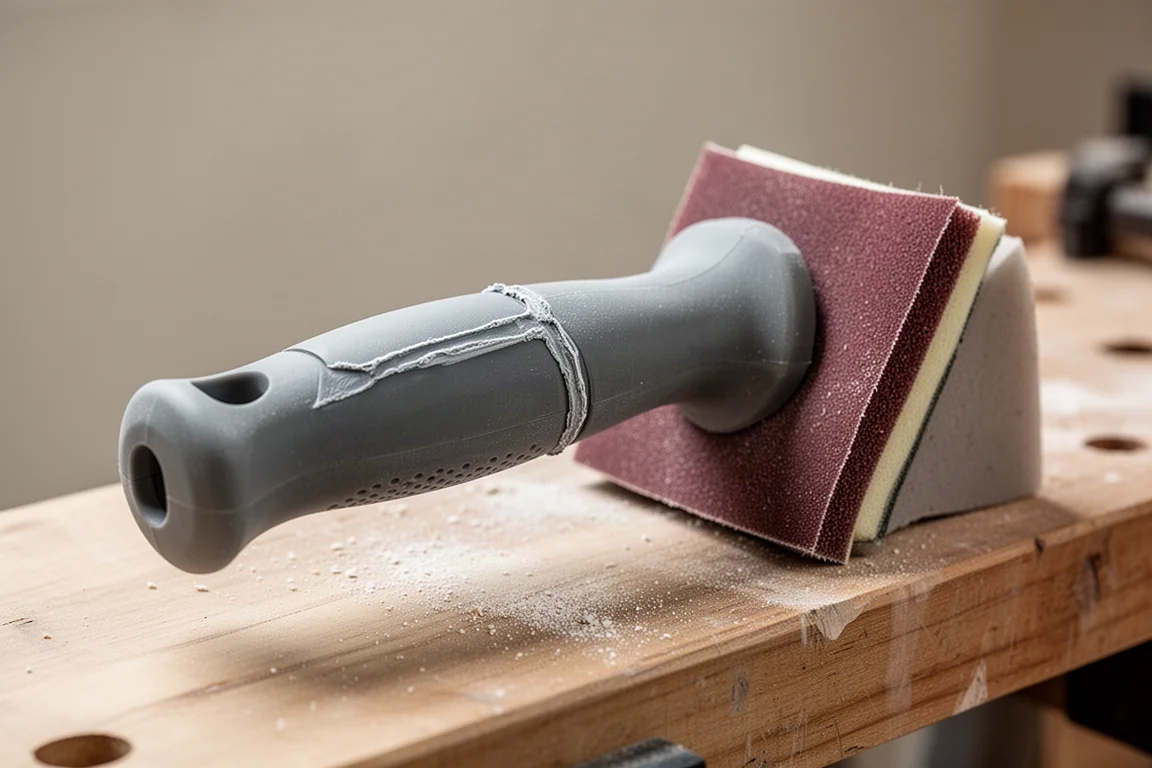 Rough unfinished edge on a molded tool handle being sanded smooth