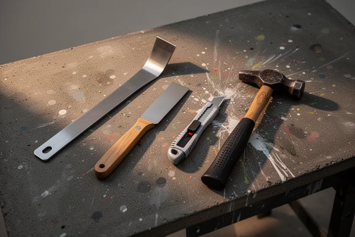 Pry bar and hand tools arranged on a workbench in soft evening light