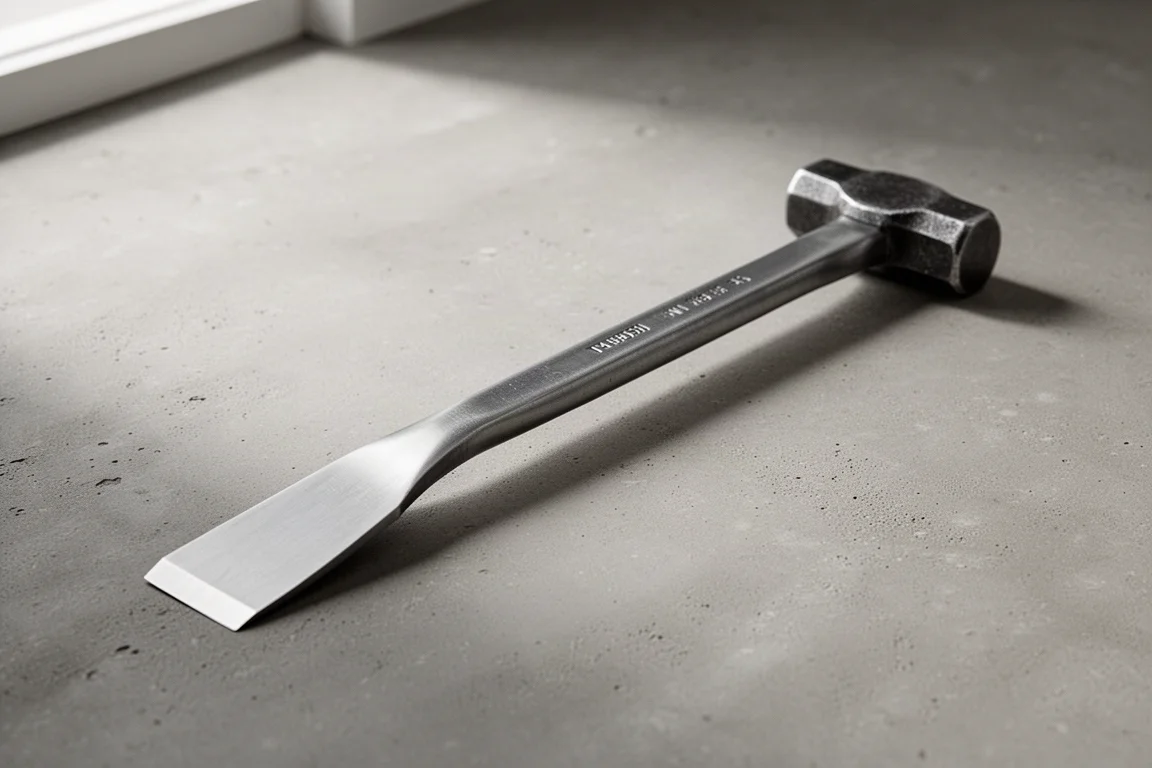 Steel painter's pry bar with hammer cap lying on a concrete surface