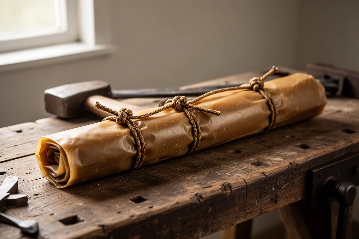 Titanium pry bar in waxed brown paper packaging tied with paracord knots