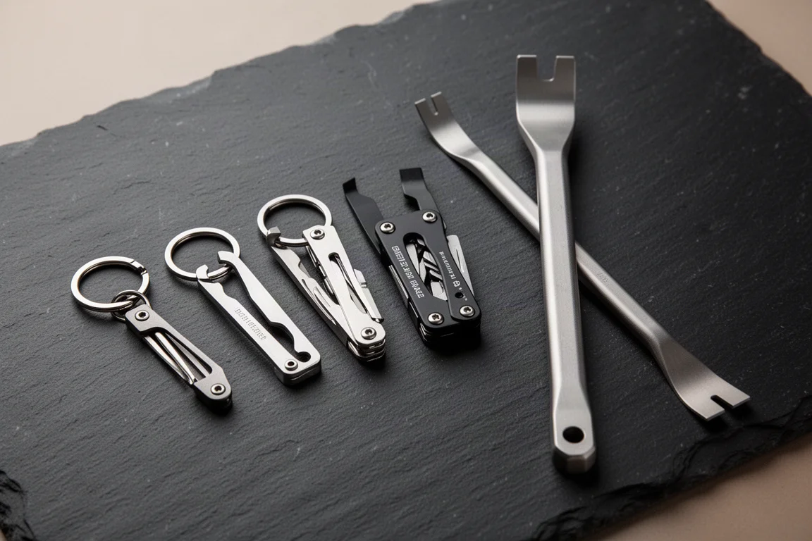 Small keychain-style pry bars lined up next to a full-size titanium pry bar