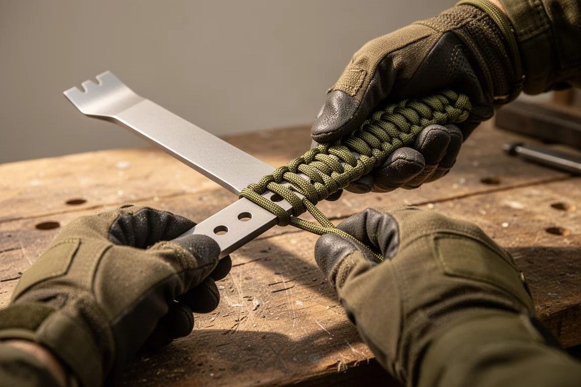 Hands wrapping paracord through the lanyard holes of a pry bar handle