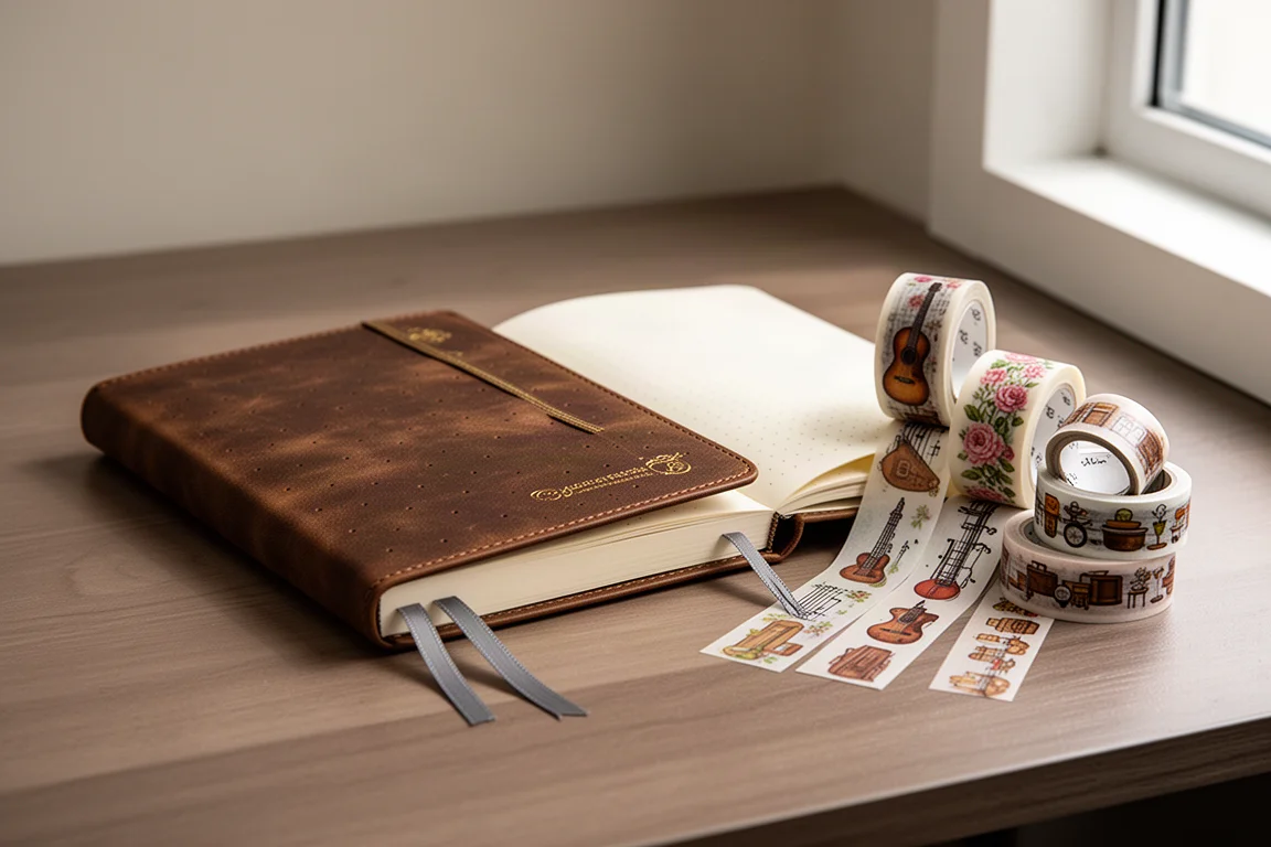 Journal a punti vintage marrone con copertina rigida accanto a diversi rotoli di washi tape su una scrivania di legno