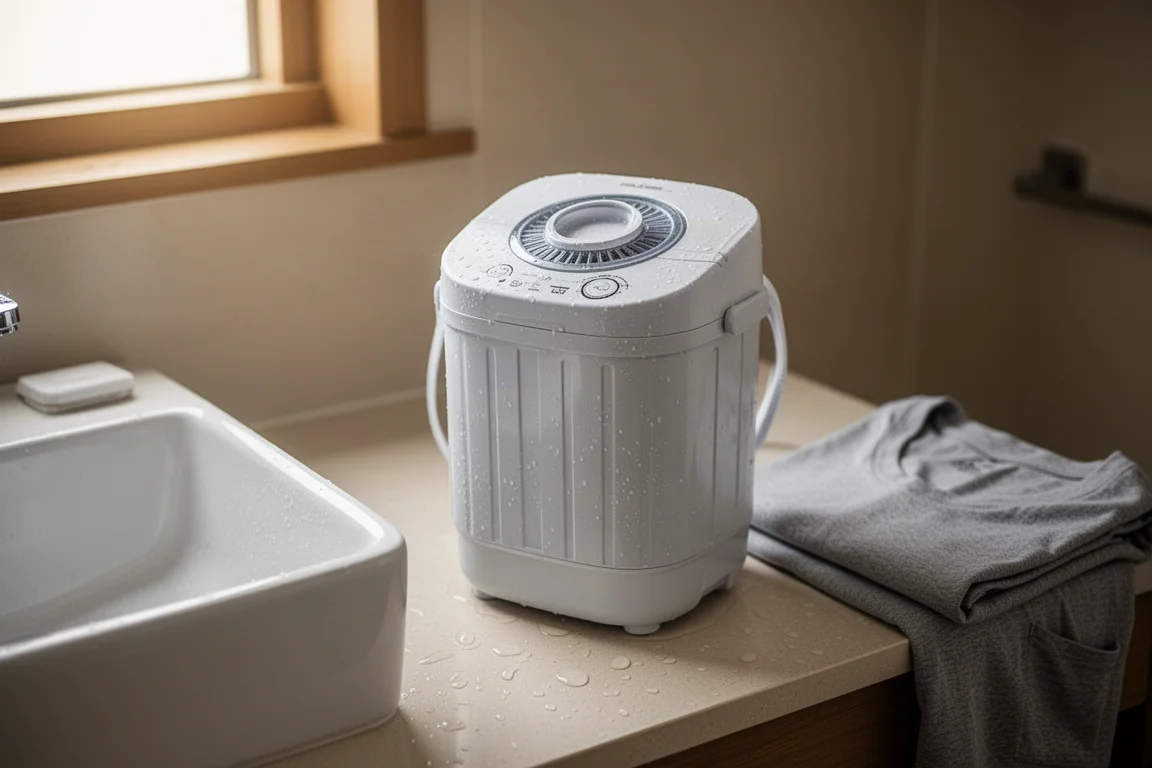 Viajero lavando ropa en una bolsa de lavado portátil en el lavabo de un hotel