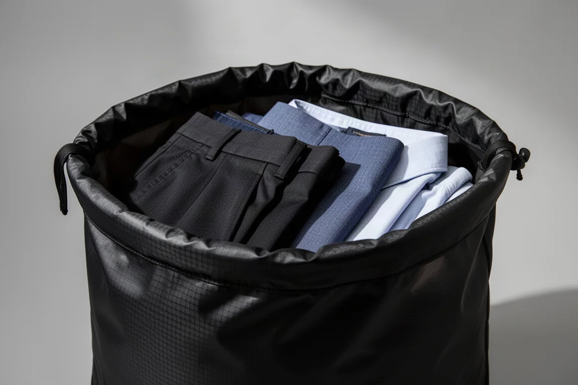 Bolsa de lavado grande de tela con amplia apertura de enrollado siendo llenada con ropa