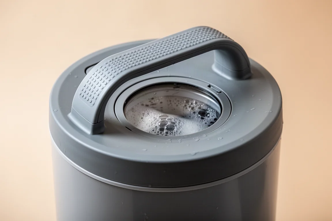 Tapa de rosca de una máquina de lavado portátil mostrando su gran asa de agarre