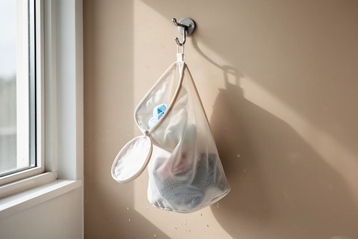 Bolsa de lavado colgada boca abajo para secar a la luz brillante del día