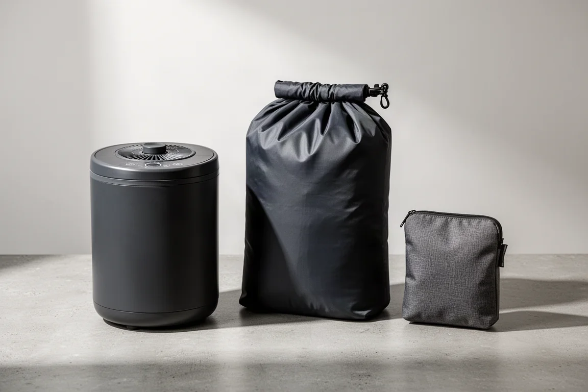 Washi travel washing machine e due sacche Scrubba affiancate su cemento