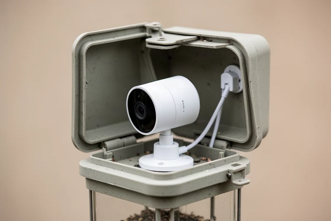 Caméra de sécurité en cours d'installation dans le boîtier de la mangeoire