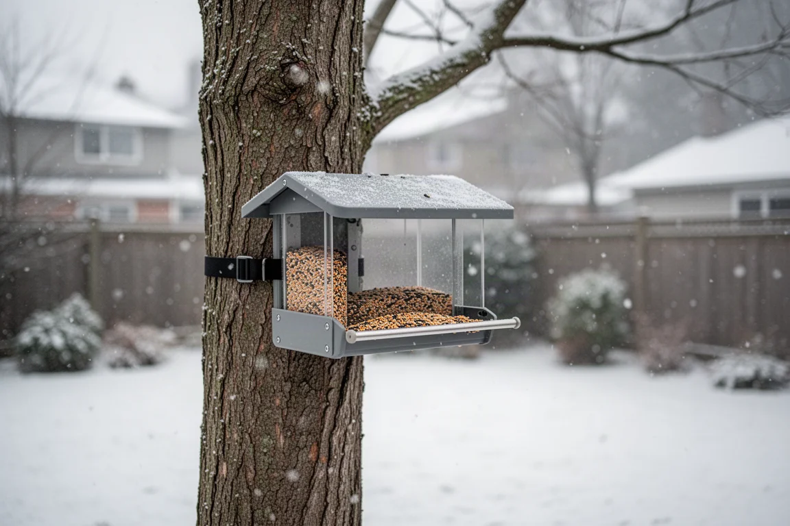 Boîtier de mangeoire à oiseaux attaché à un arbre surplombant un jardin enneigé