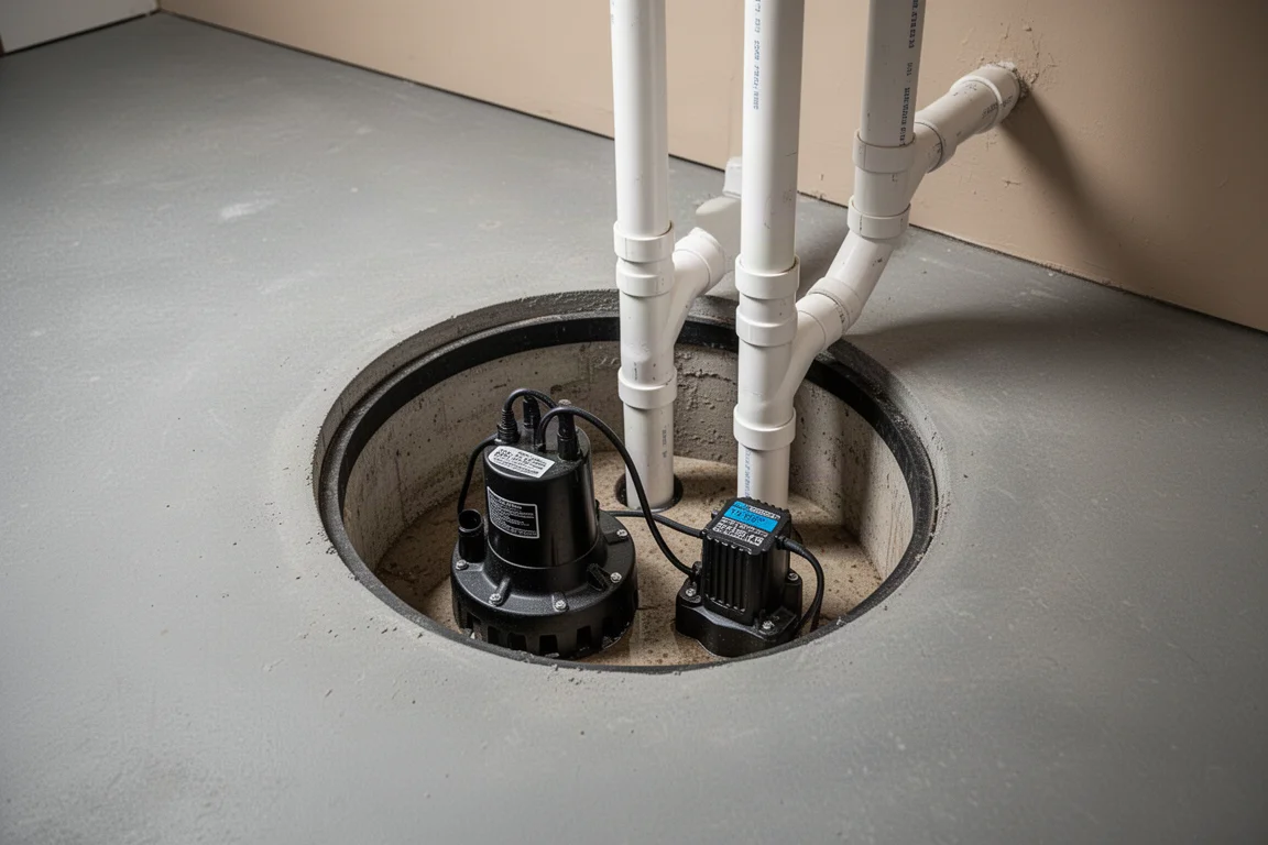 Sump w piwnicy z pompą główną i pompą zapasową zamontowanymi obok siebie