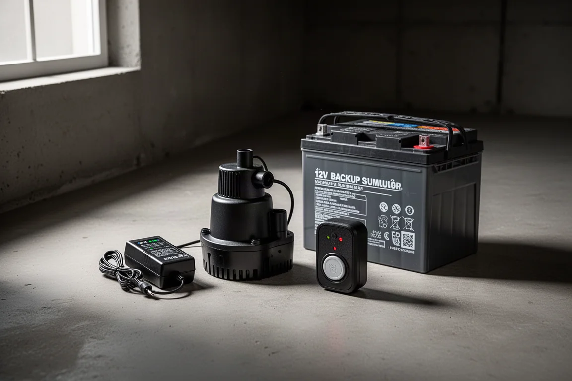 Watchdog 12V battery backup sump pump system with battery and charger module on a concrete floor