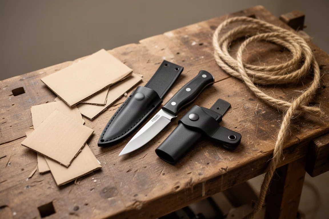 Cuchillo de hoja fija económico y su funda sobre un banco de trabajo con materiales de corte