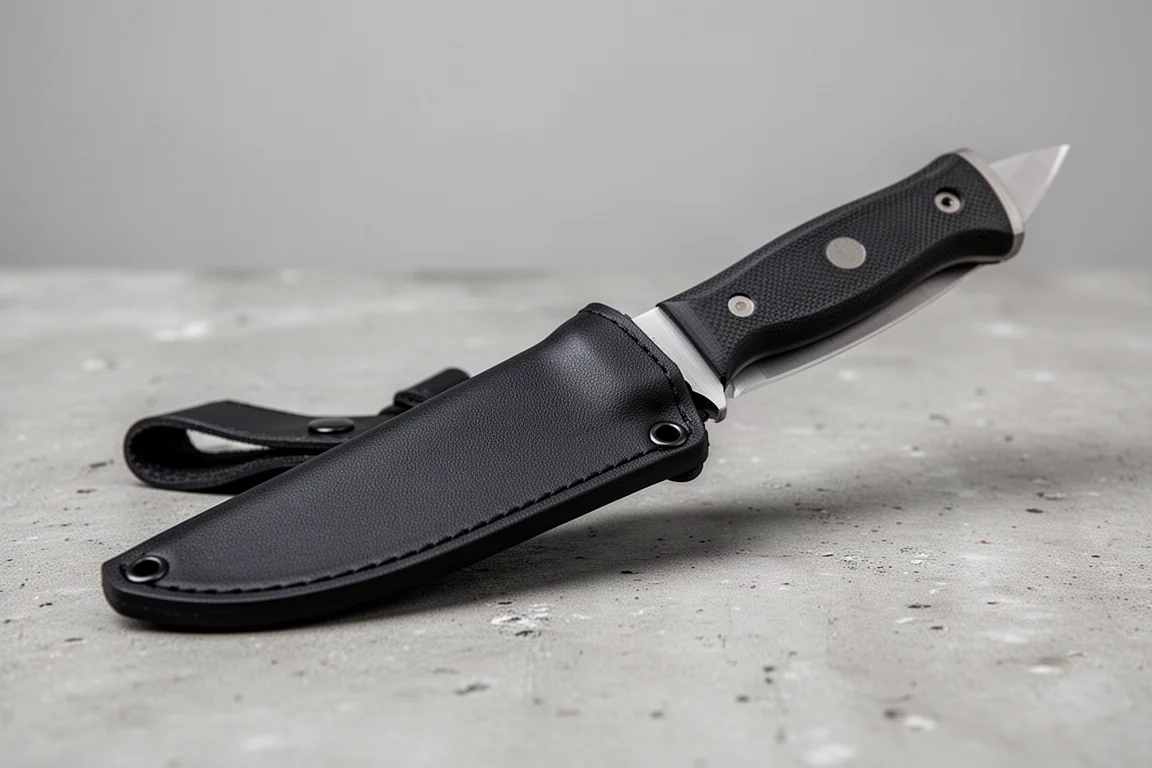 Cuchillo de hoja fija entrando en una funda a medida sobre una superficie neutra
