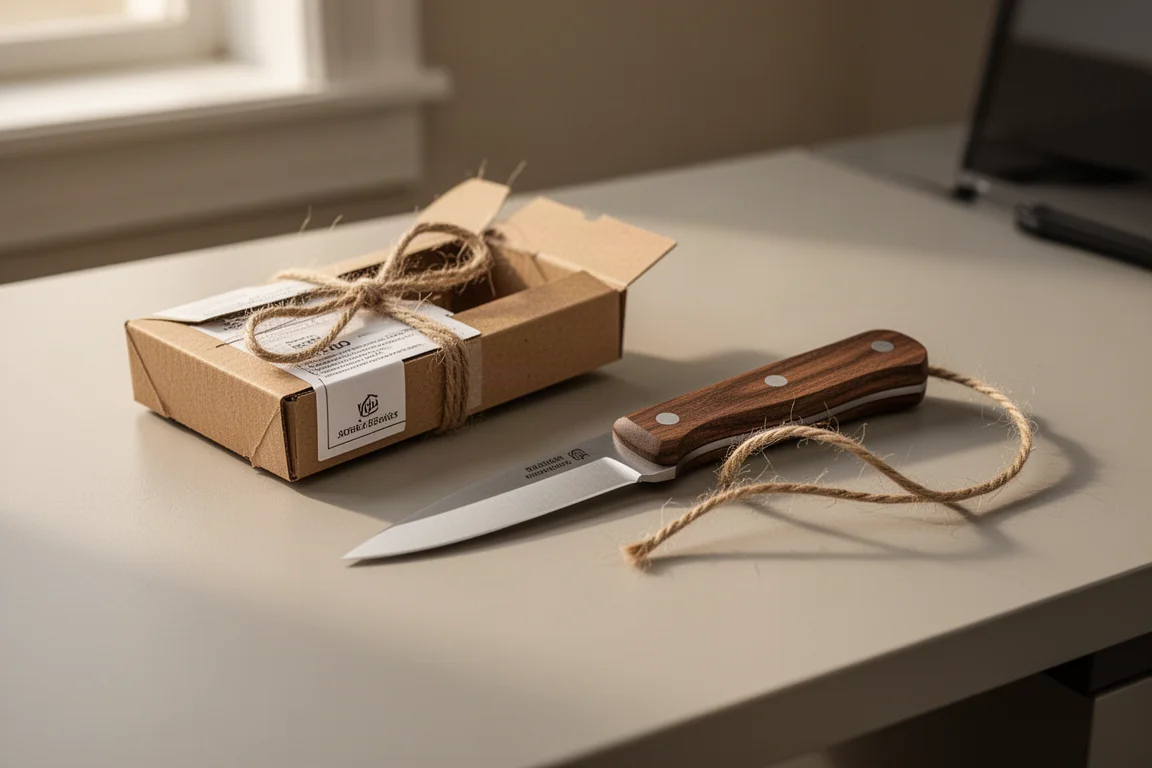 Cuchillo de hoja fija pequeño usado para corte utilitario diario sobre un escritorio
