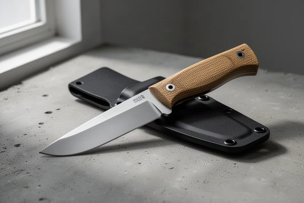 Feststehendes Messer mit Micarta-Griff und Scheide auf Betonoberfläche