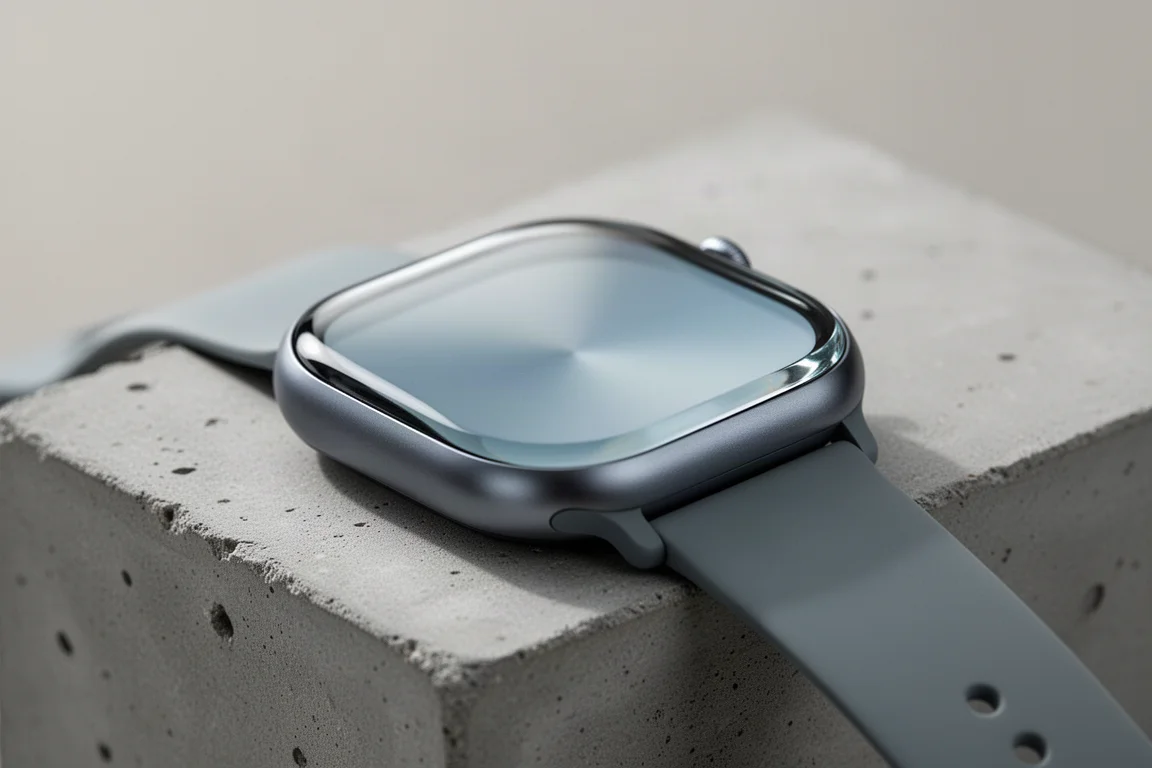 Smartwatch-Display mit zurückhaltender, transparenter Oberfläche auf neutralem Schreibtisch