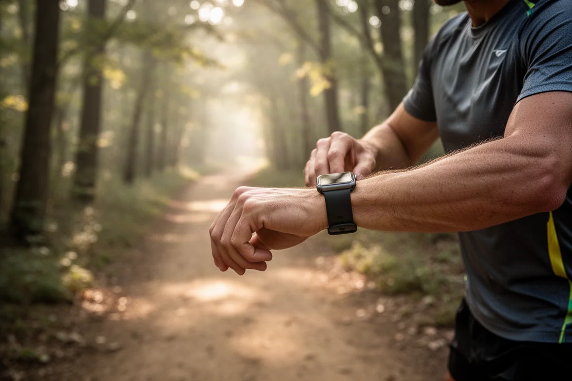 Läufer prüft die Smartwatch auf einem baumgesäumten Trail