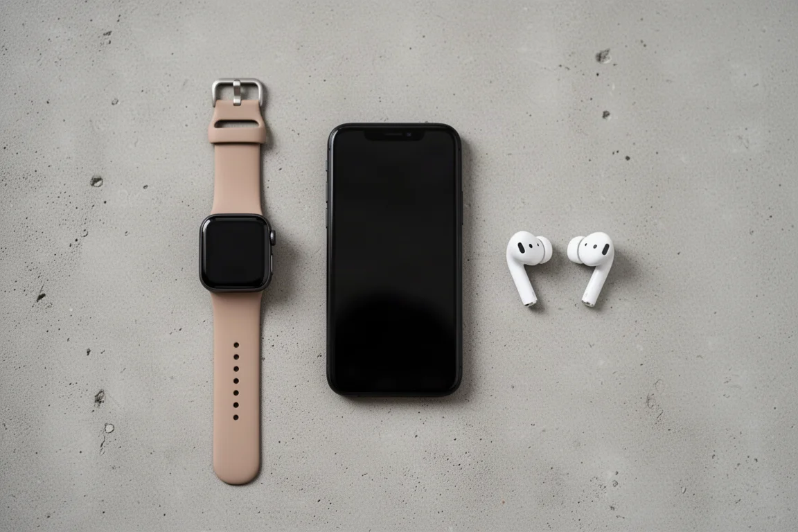 Kabellose Kopfhörer und ein Smartphone neben einer Smartwatch auf einer Bank