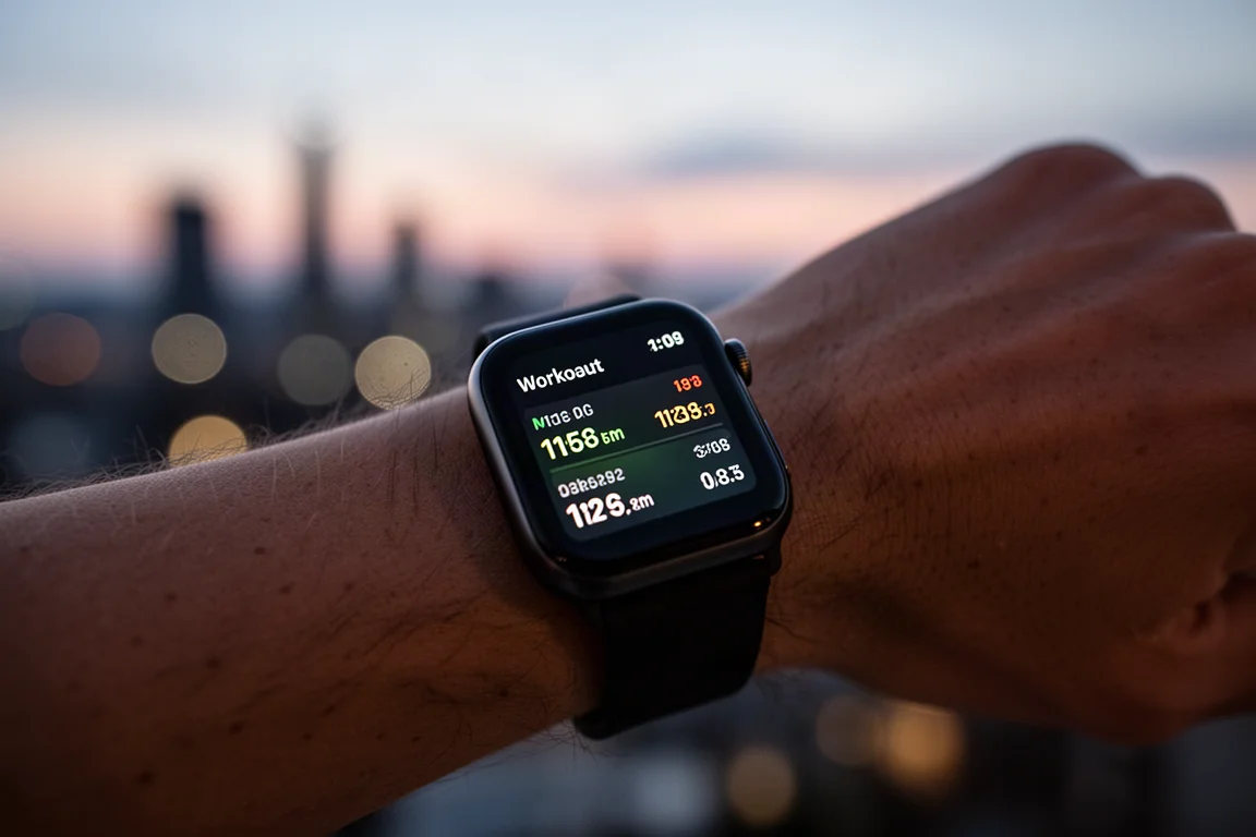 Smartwatch am Handgelenk zeigt eine Workout-Zusammenfassung in der Abenddämmerung