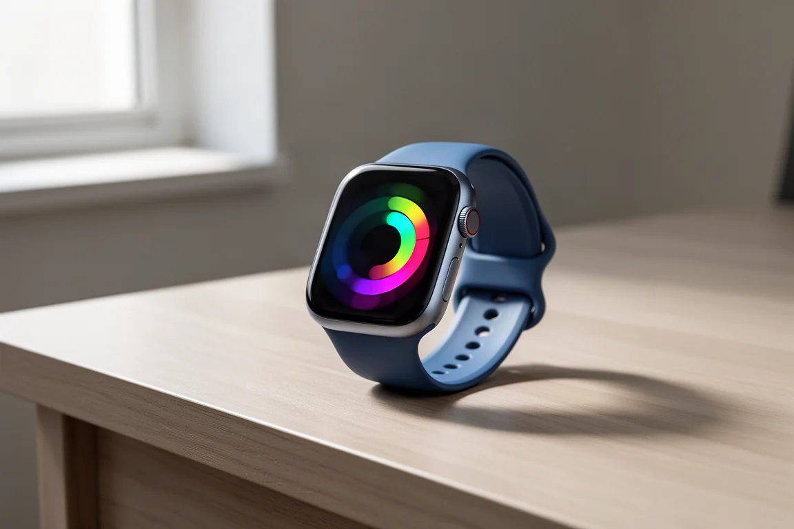 Apple Watch running watchOS 26 on a light wood desk showing fitness rings