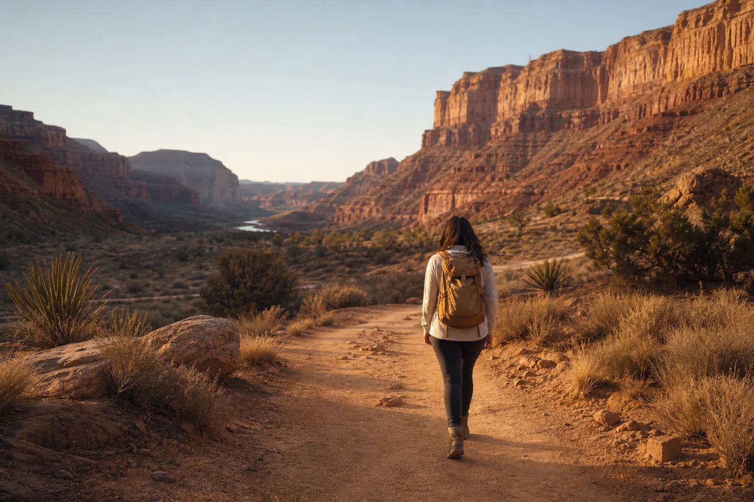 Hiker on desert trail with canyon walls in background