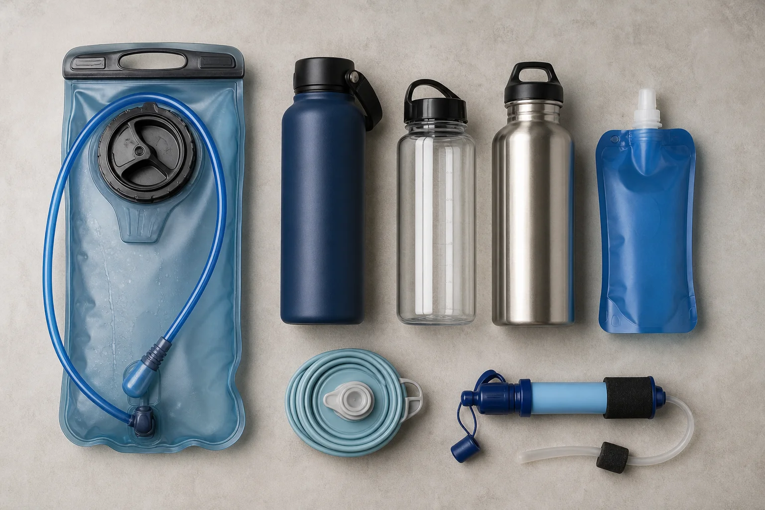 Complete hydration setup with bladder, bottles, and filter laid out