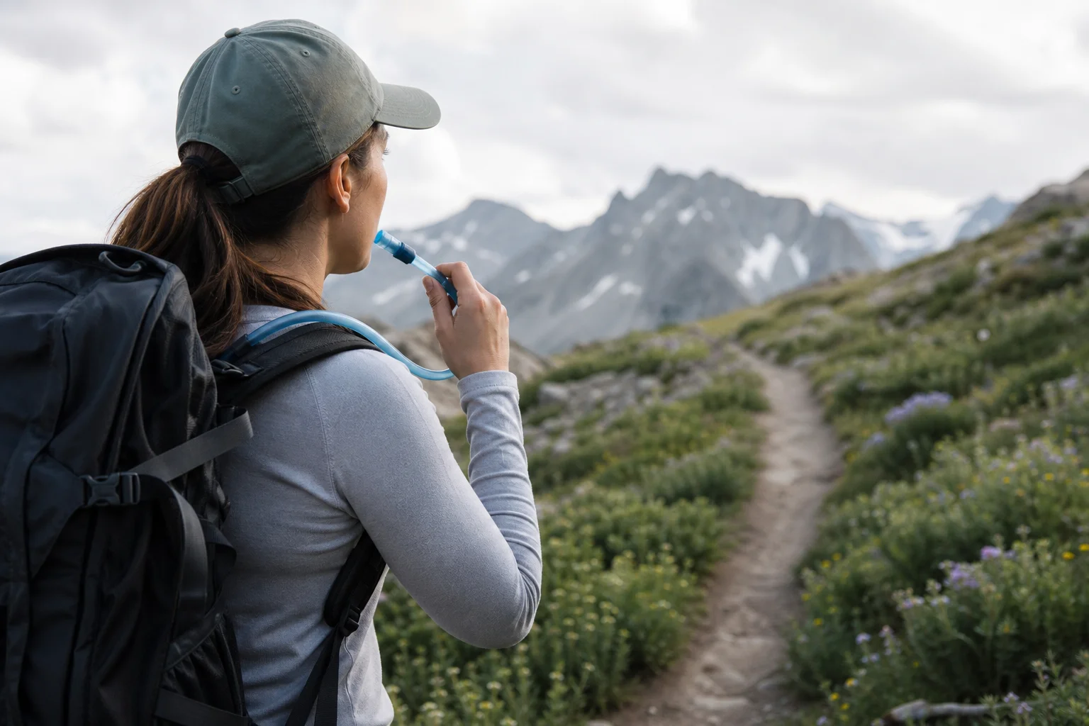 Hiker drinking from water bladder tube while walking on mountain trail