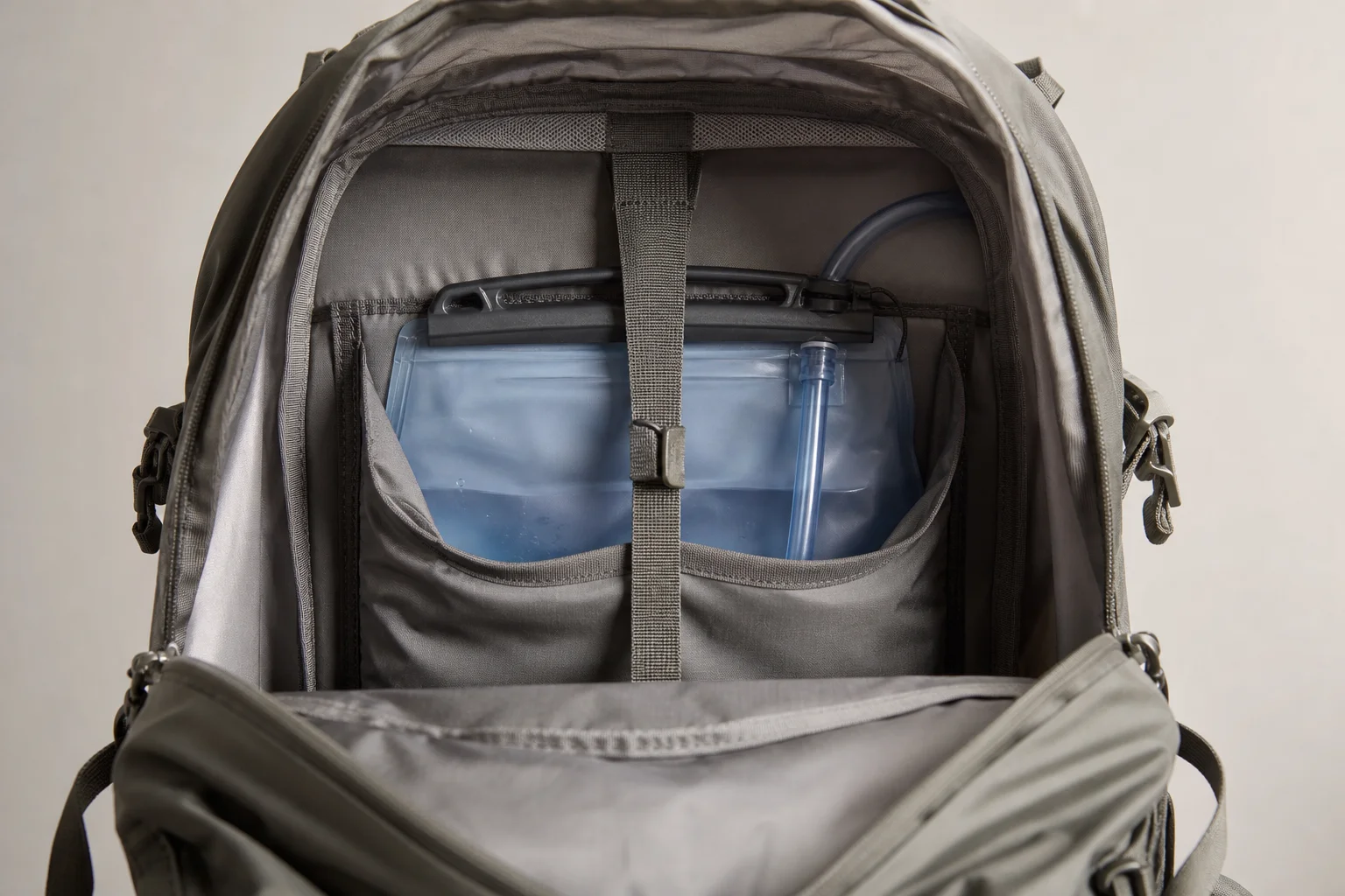 Water bladder positioned inside backpack showing weight distribution