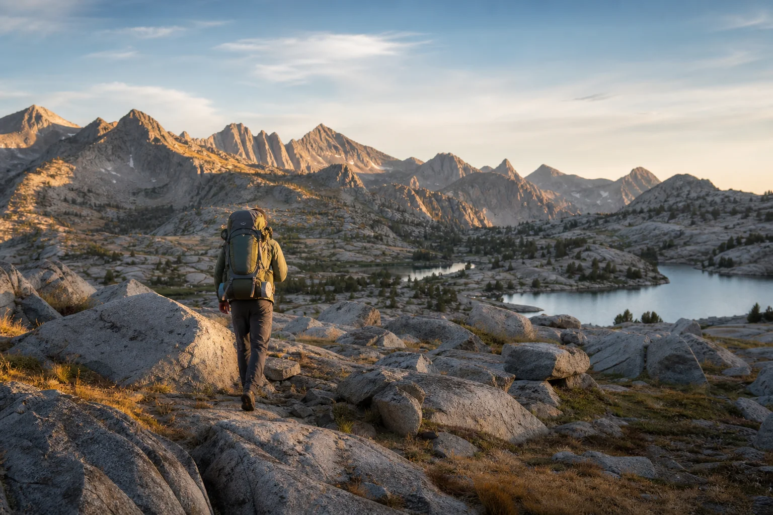 Backpacker hiking through rocky mountain terrain with water bottles in pack