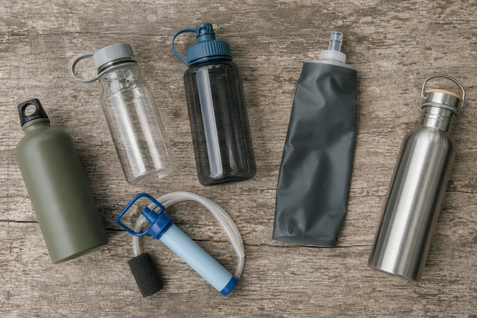 Comparison of water bottles and filters laid out on outdoor surface