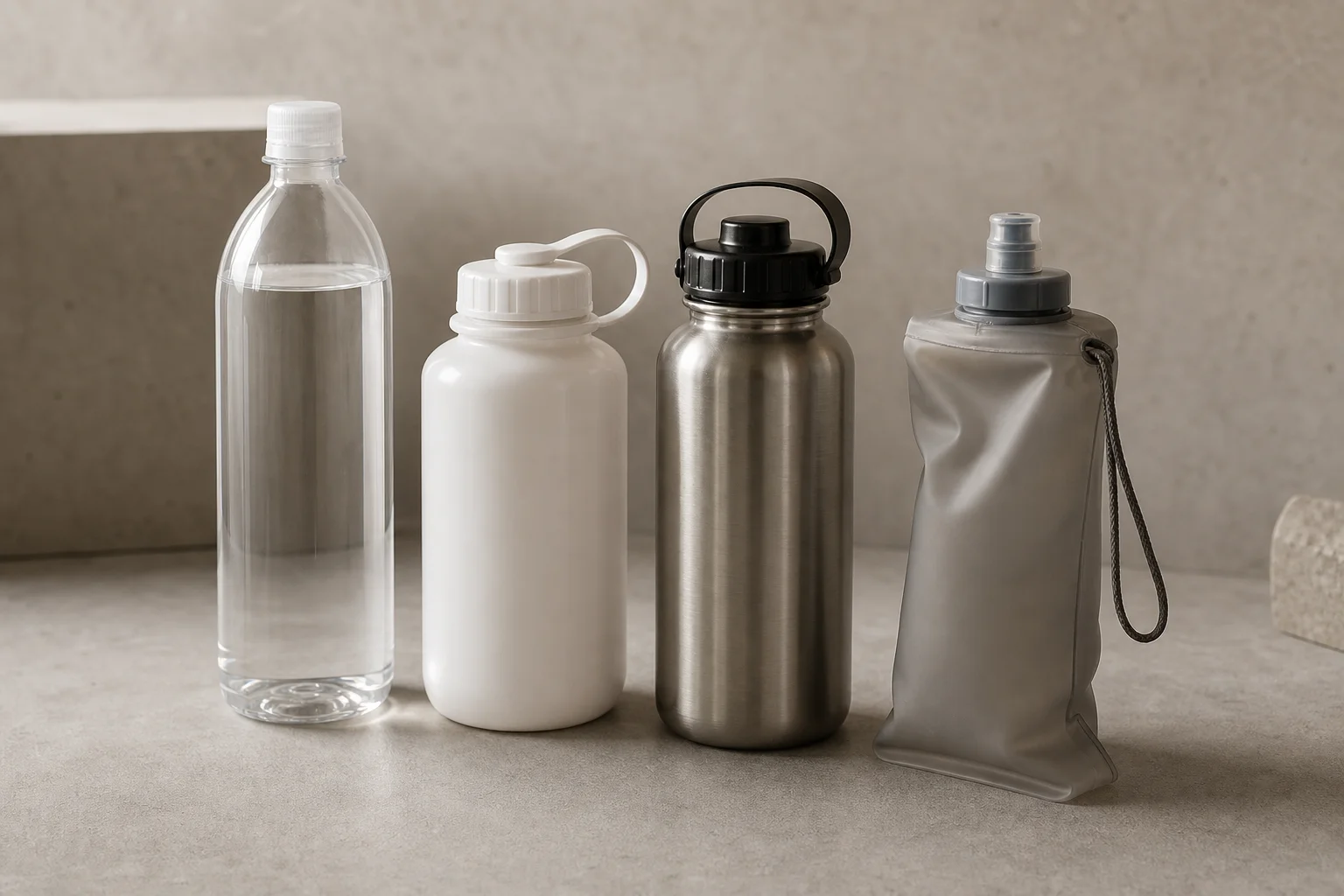 包含 SmartWater、Cnoc Thrubottle、Nalgene 和 Hydrapak Seeker 等多款水瓶放在水泥地上的合照