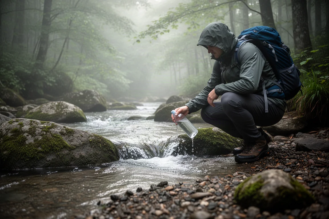 Hiker crouching at a small forest stream filling a clear water bottle