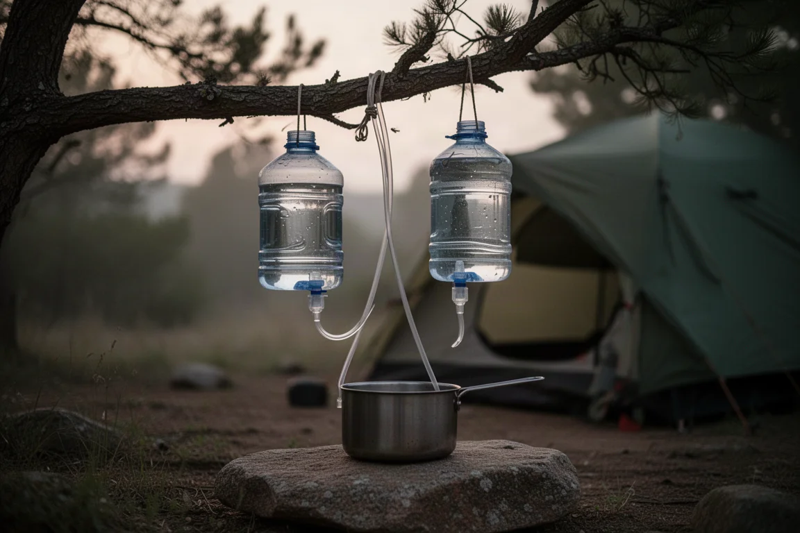 Gravity water filter reservoirs hanging from a tree branch at a dusk campsite