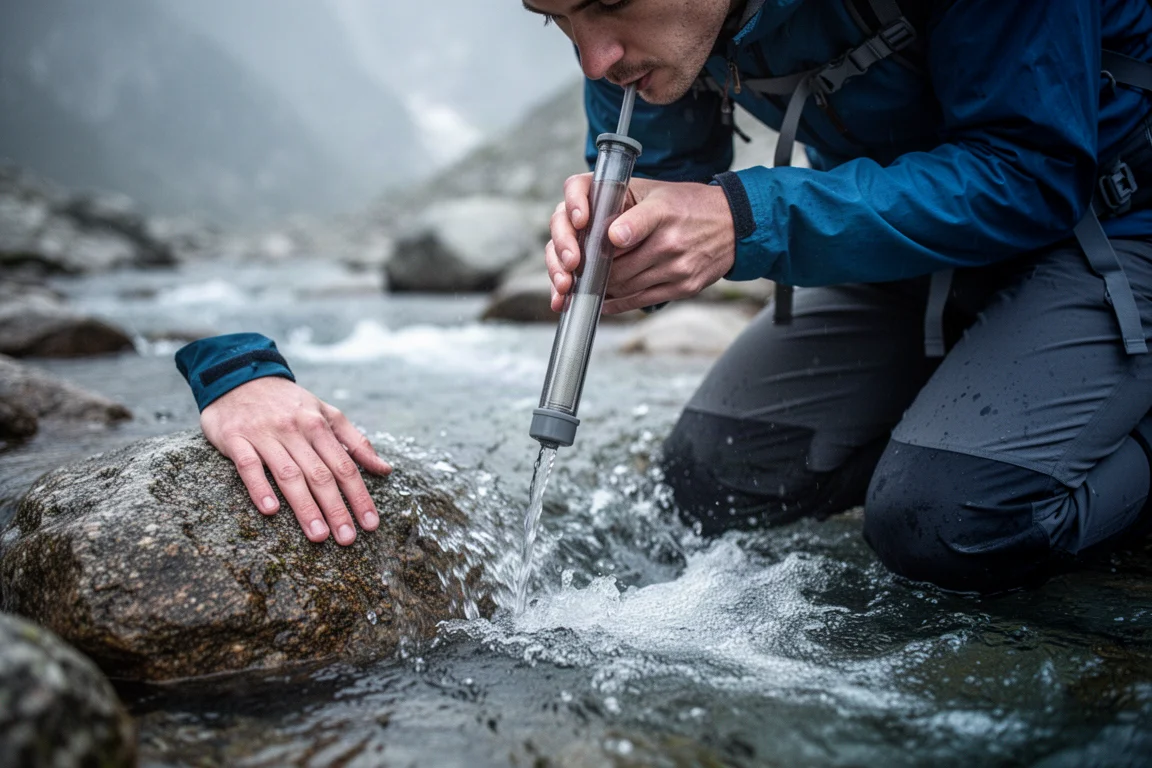 Hiker kneeling at a clear stream drinking directly through a straw filter