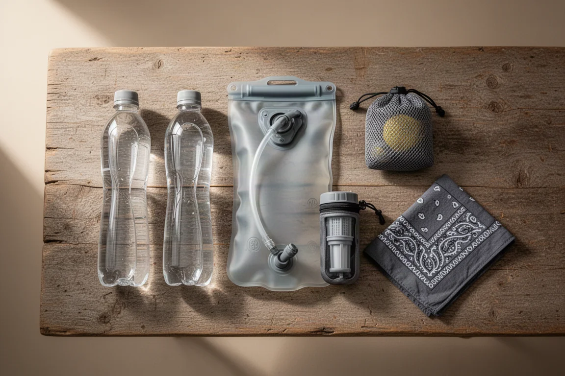 Overhead flat lay of water bottles, hydration reservoir, and filter pouch on wood