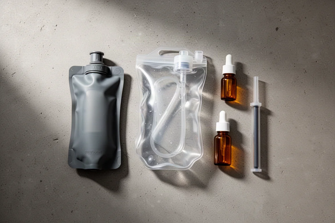 Overhead arrangement of backpacking water treatment gear on a matte concrete surface