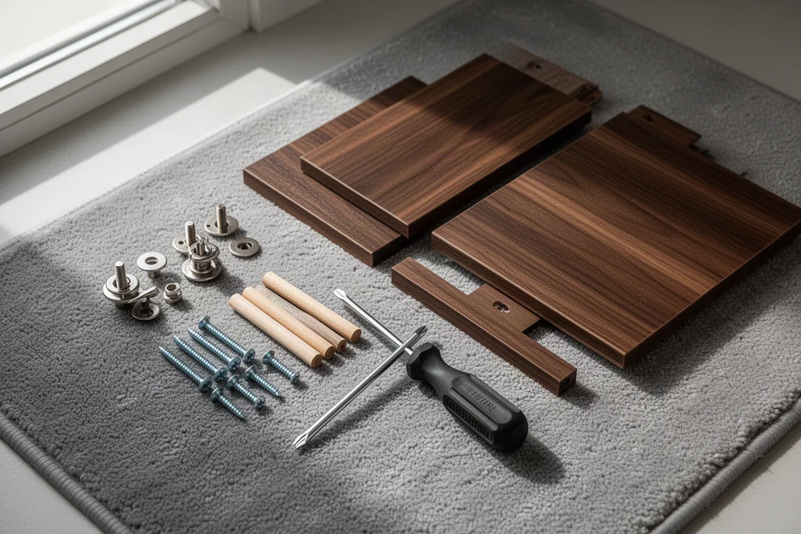Flat-pack cabinet hardware laid out on a soft rug with a screwdriver