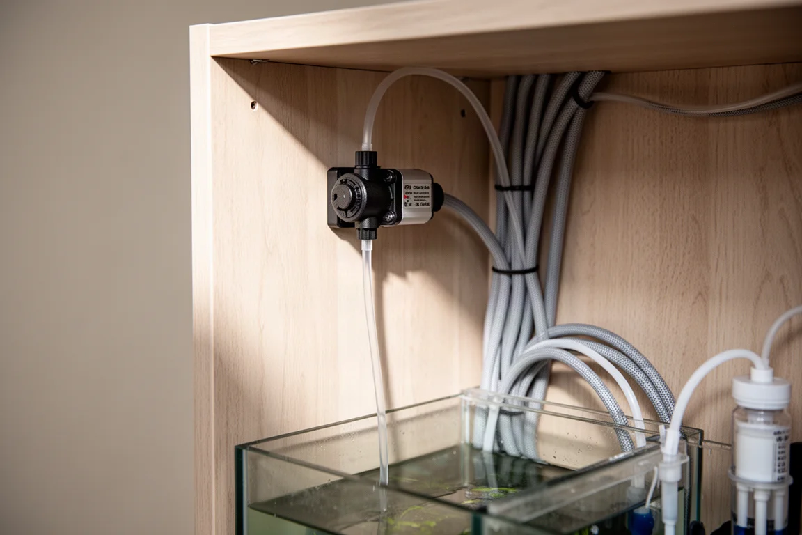 Dosing pump inside an aquarium cabinet with thin tubing and tidy cabling