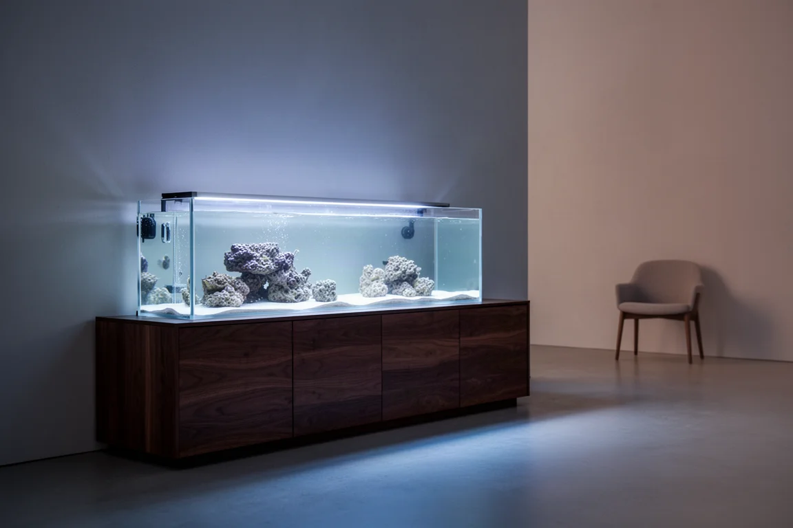 Shallow rimless aquarium glowing softly in a quiet room at dusk