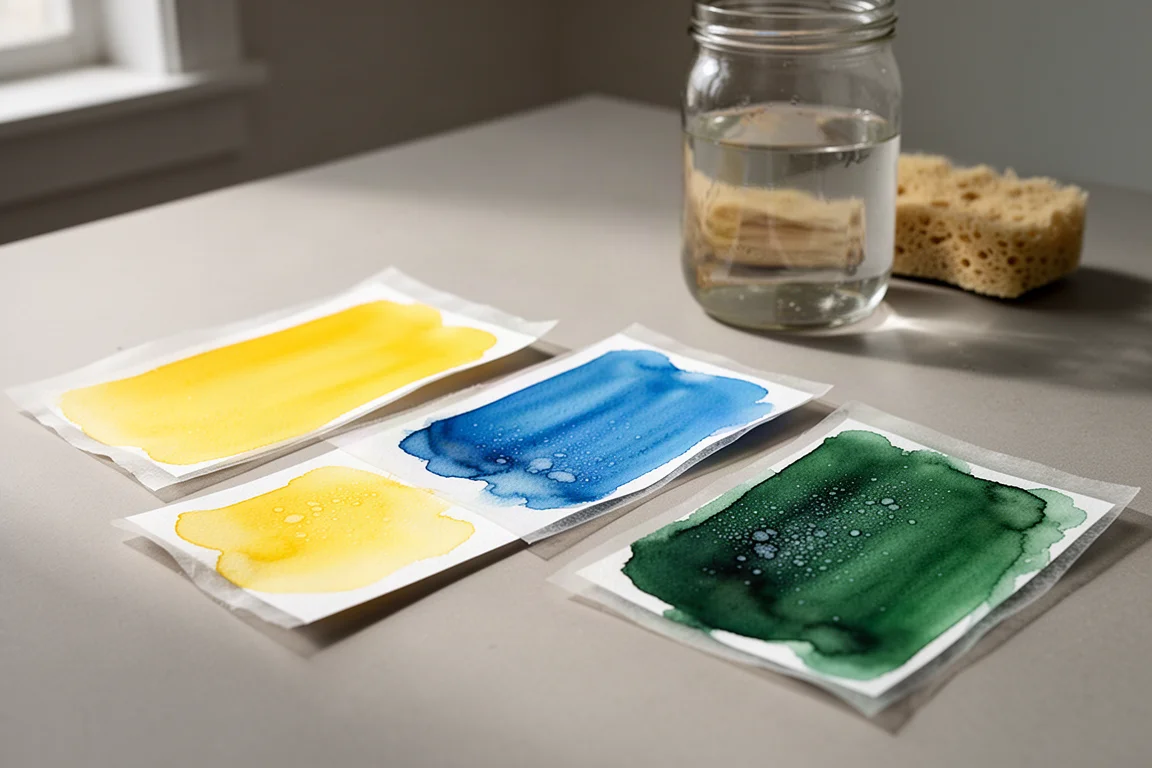 Watercolor swatch cards drying on a studio table