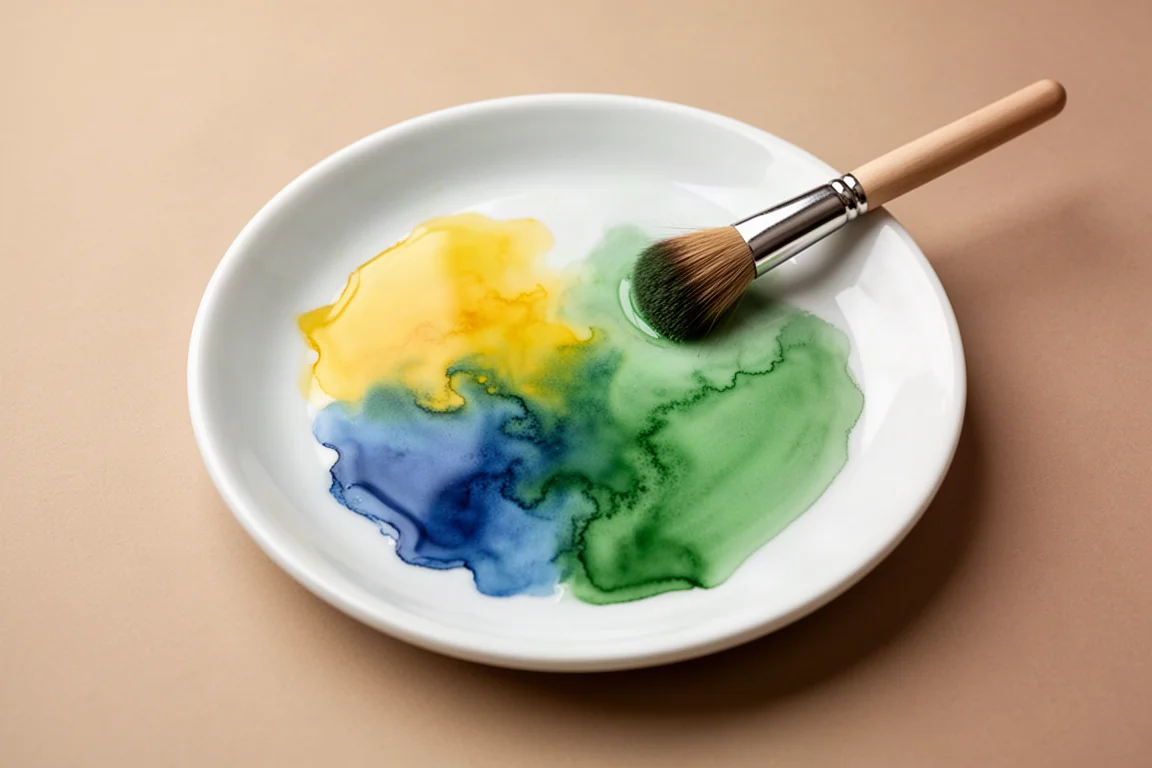 Two watercolor pigments mixing into green on a white palette