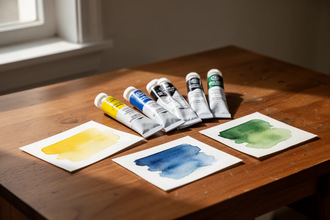 Six watercolor paint tubes and hand-painted swatch cards on a wooden desk