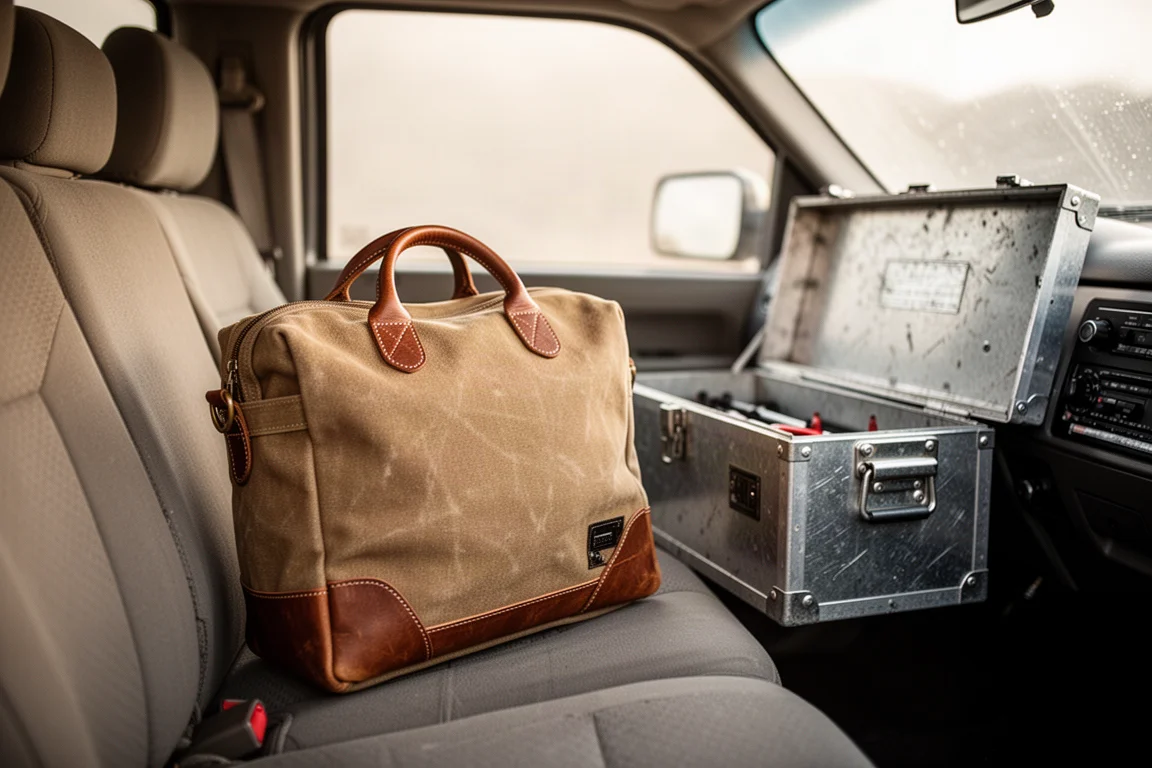EDC bag van gewaxd canvas en leer ligt op een autostoel naast een gereedschapskist