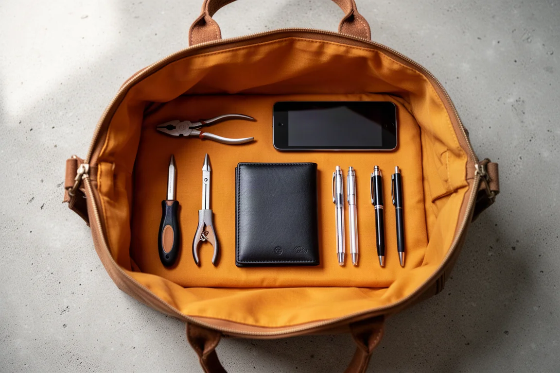 Licht interieur van een tas met gereedschap overzichtelijk neergelegd
