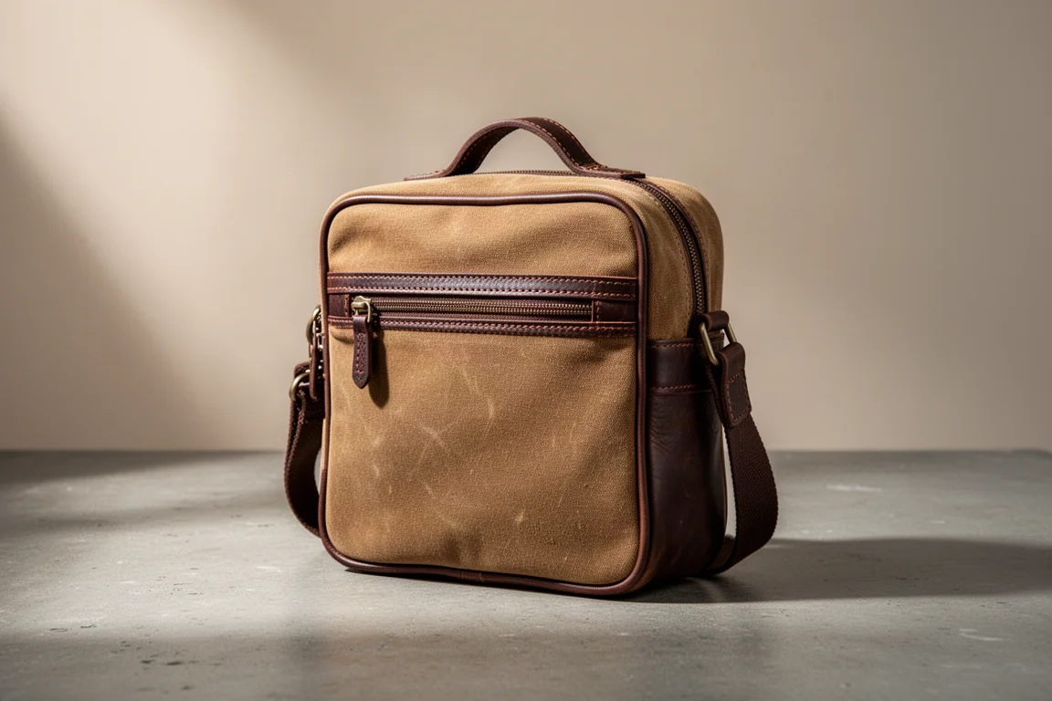 Tan waxed canvas and leather EDC bag with grab handle on concrete surface