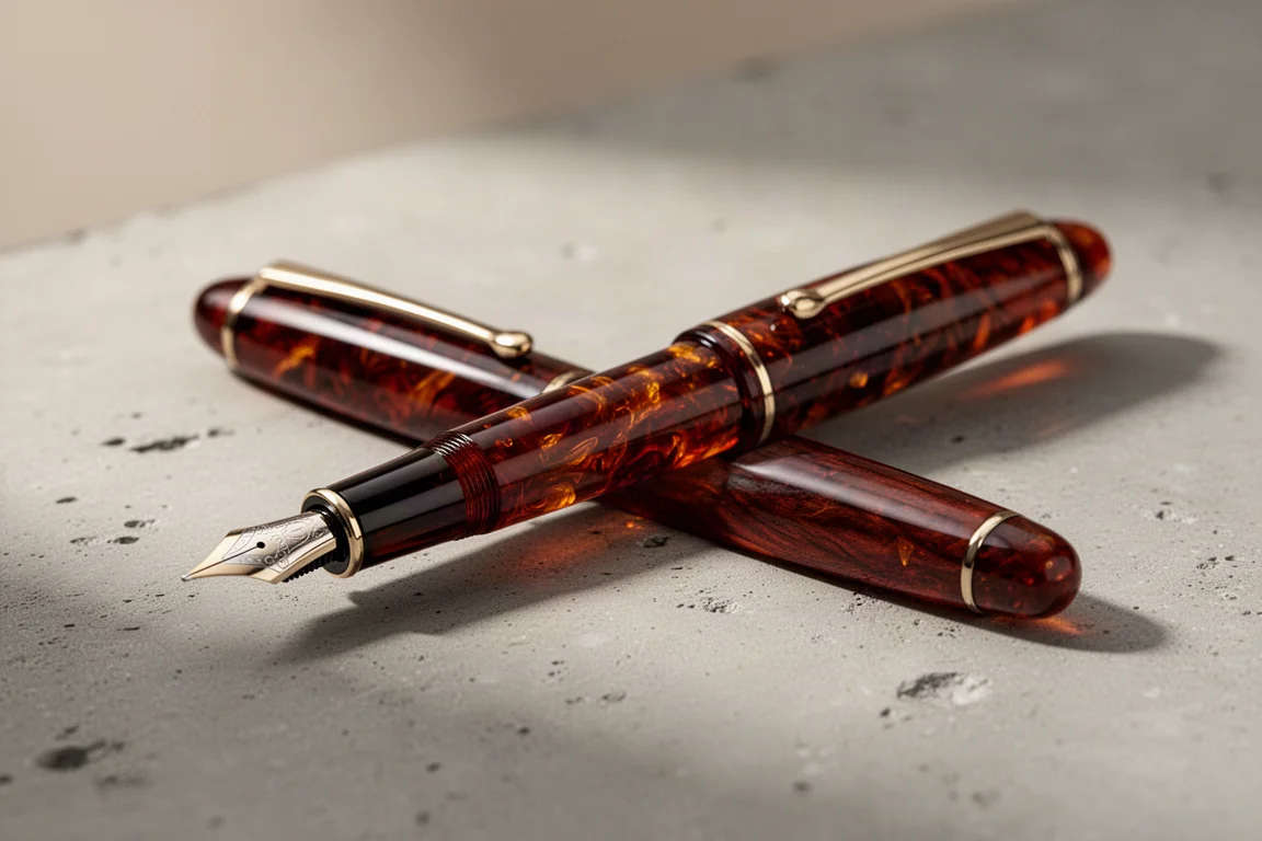 Stylo-plume capuchonné avec une finition en laque ambrée brillante posé sur un bureau