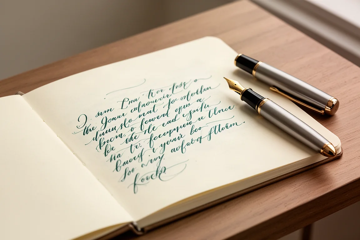 Page de carnet ouverte avec un échantillon d'écriture fluide à l'encre bleu-vert
