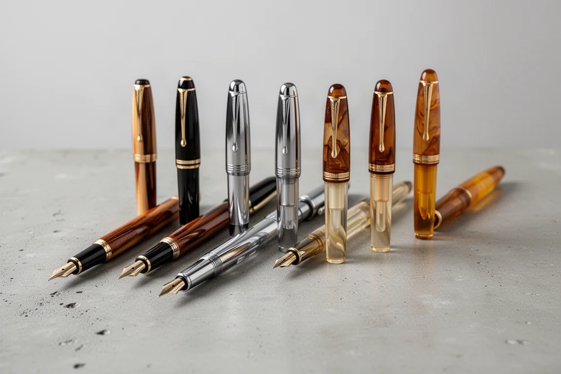 Stylos-plumes de différentes tailles alignés pour comparaison sur une surface plane